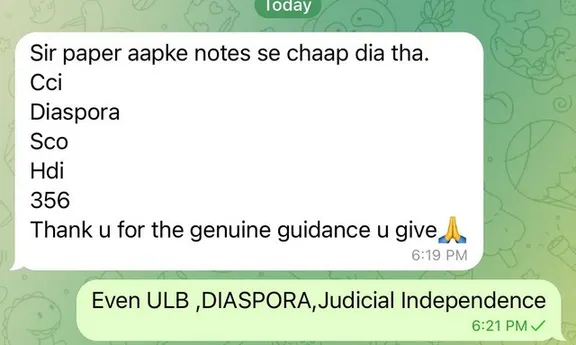 WhatsApp message: Sir, the paper printed from your notes. Thank you for the genuine guidance.