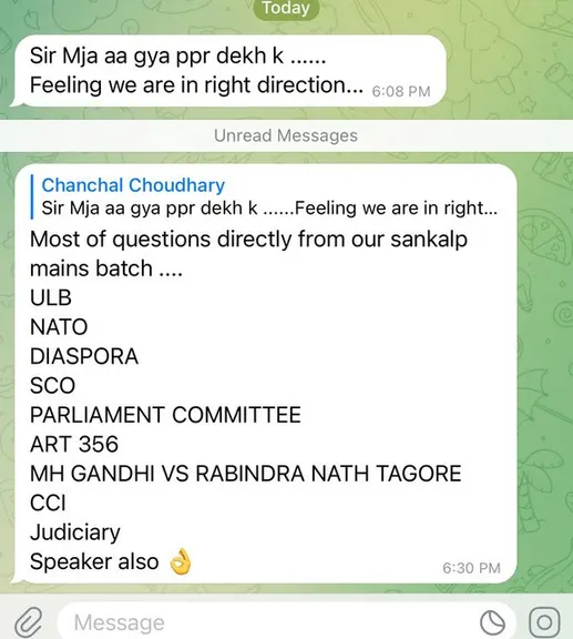 WhatsApp messages listing topics that came directly from Sankalp Mains batch material.