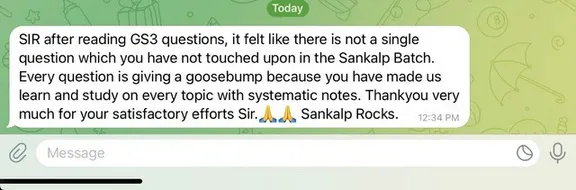 WhatsApp message: after reading GS3 questions, not a single question you have not touched upon in the Sankalp batch.